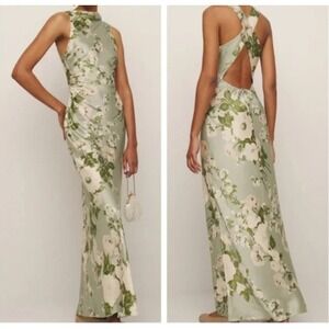 NEW NWT Reformation Anaiis Silk Maxi Dress Tarragon Green Floral 10P